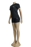 Black Casual Daily Letter Print Embroidered O Neck Short Sleeve Two Pieces
