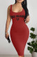 Burgundy Casual Letter Print U Neck Wrapped Skirt Dresses