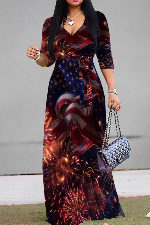 Black Yellow Casual Print Strap Design Patchwork V Neck Long Dresses