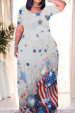 Blue Red Casual Print Patchwork O Neck Straight Dresses