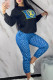 Blue Casual Street Letter Print Embroidered Hot Drill O Neck Long Sleeve Two Pieces