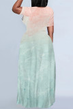 Orange Green Casual Street Gradient Print Letter Print O Neck Printed Dresses