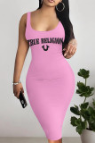 Pink Casual Letter Print U Neck Wrapped Skirt Dresses
