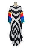 Red Blue Casual Print Patchwork V Neck One Step Skirt Dresses