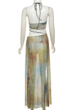 Green Street Hollow Out High Slit Patchwork Halter Long Dresses
