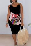 Black Gold Casual Daily Leopard Print Letter Print V Neck Sling Dresses