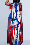 Blue Red Casual Print Patchwork O Neck Straight Dresses