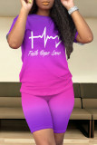 Green Blue Casual Daily Gradient Print Letter Print Contrast O Neck Short Sleeve Two Pieces