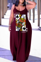 Burgundy Sexy Casual Print Backless Spaghetti Strap Long Dress Dresses