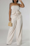White Sexy Casual Daily Solid Color Backless Strapless Sleeveless Two Pieces
