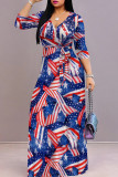 Blue Red Casual Print Strap Design Patchwork V Neck Long Dresses