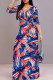 Blue Red Casual Print Strap Design Patchwork V Neck Long Dresses