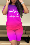 Green Blue Casual Daily Gradient Print Letter Print Contrast O Neck Short Sleeve Two Pieces