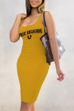 Pink Casual Letter Print U Neck Wrapped Skirt Dresses