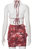 Red Sexy Print Backless Strap Design Patchwork Ruffled Trim O Neck Wrapped Skirt Dresses