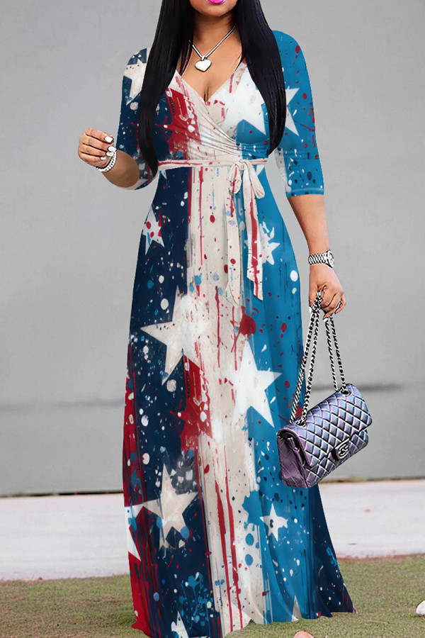 Blue Casual Print Strap Design Patchwork V Neck Long Dresses