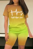 Green Blue Casual Daily Gradient Print Letter Print Contrast O Neck Short Sleeve Two Pieces