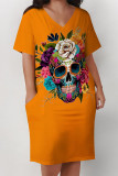 Orange Casual Street Skull Letter Print Pocket V Neck Printed Plus Size Dresses