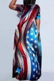 Blue Red Casual Print Patchwork O Neck Straight Dresses