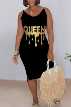 Black Gold Casual Daily Leopard Print Letter Print V Neck Sling Dresses