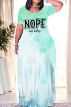 Turquoise Casual Street Gradient Print Letter Print O Neck Printed Dresses