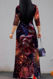 Blue Red Casual Print Strap Design Patchwork V Neck Long Dresses