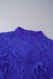 Blue Casual Solid Hollowed Out See-through Half A Turtleneck Regular Jumpsuits
