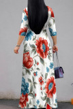 Turquoise Celebrities Print Strap Design Patchwork V Neck A Line Dresses