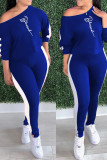 Red Casual Letters Patchwork Oblique Collar Long Sleeve Two Pieces