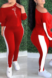 Red Casual Letters Patchwork Oblique Collar Long Sleeve Two Pieces