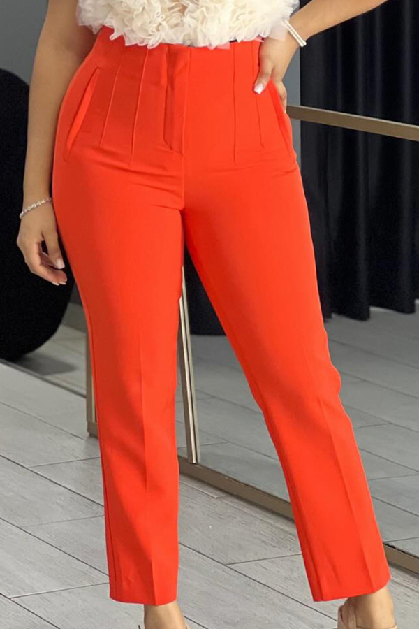 Tangerine Red Casual Solid Color Ruched Patchwork Regular High Waist Pencil Patchwork Bottoms