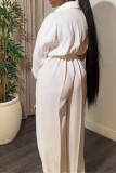 White Casual Solid Color Draw String Buckle Slit Turndown Collar Loose Jumpsuits
