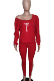 Red Casual Letters Patchwork Oblique Collar Long Sleeve Two Pieces