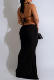 Yellow Celebrities Solid Color Hollow Out Backless Strap Design Patchwork Halter Long Dresses