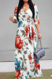 Turquoise Celebrities Print Strap Design Patchwork V Neck A Line Dresses