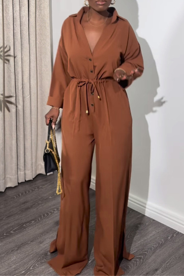 Light Brown Casual Solid Color Draw String Buckle Slit Turndown Collar Loose Jumpsuits