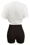 White Black Casual Print Strap Design Patchwork Deep V Neck Short Sleeve Two Pieces