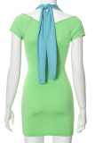 Green Sexy Hollow Out Strap Design Patchwork Halter Wrapped Skirt Dresses