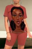 Watermelon Red Casual Figure Print Basic O Neck Short Sleeve Two Pieces