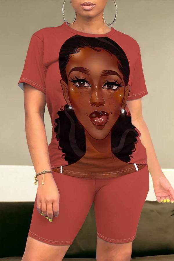 Watermelon Red Casual Figure Print Basic O Neck Short Sleeve Two Pieces