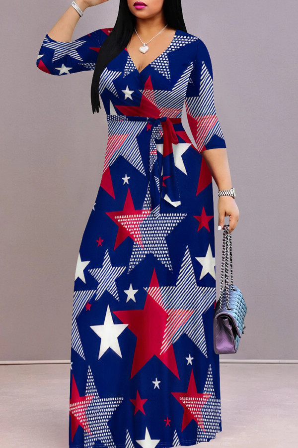Dark Blue Casual Print Strap Design Patchwork V Neck A Line Dresses