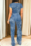 Blue Gray Casual Street Letter Print Faux Denim Print Pocket O Neck Short Sleeve Two Pieces