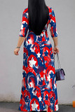 Powder Blue Casual Print Strap Design Patchwork V Neck A Line Dresses