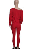 Red Casual Letters Patchwork Oblique Collar Long Sleeve Two Pieces