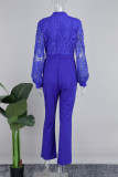 Blue Casual Solid Hollowed Out See-through Half A Turtleneck Regular Jumpsuits