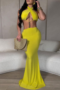 Yellow Celebrities Solid Color Hollow Out Backless Strap Design Patchwork Halter Long Dresses