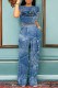 Light Blue Casual Street Letter Print Faux Denim Print Pocket O Neck Short Sleeve Two Pieces