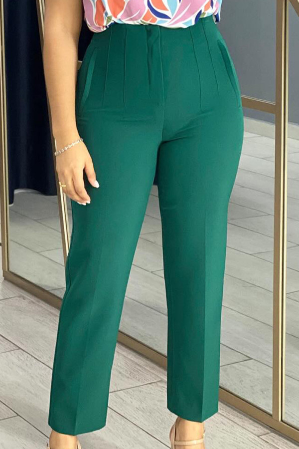 Green Casual Solid Color Ruched Patchwork Regular High Waist Pencil Patchwork Bottoms