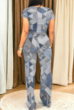 Blue Gray Casual Street Letter Print Faux Denim Print Pocket O Neck Short Sleeve Two Pieces