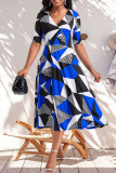 Blue Celebrities Print Patchwork V Neck A Line Dresses